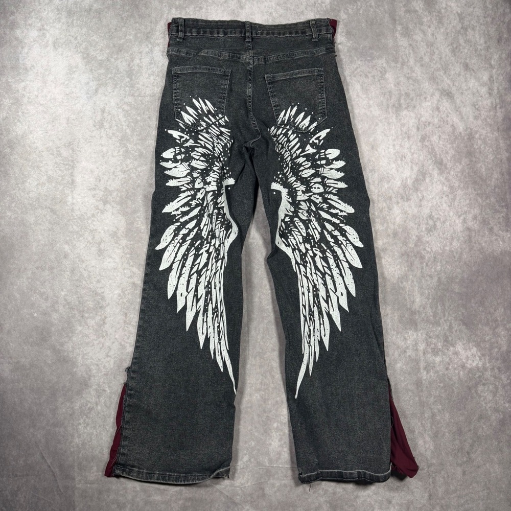 Bamboo Jeans Womens Acid Wash Angel Wing Graphic Flare Leg Denim Gray Size 3